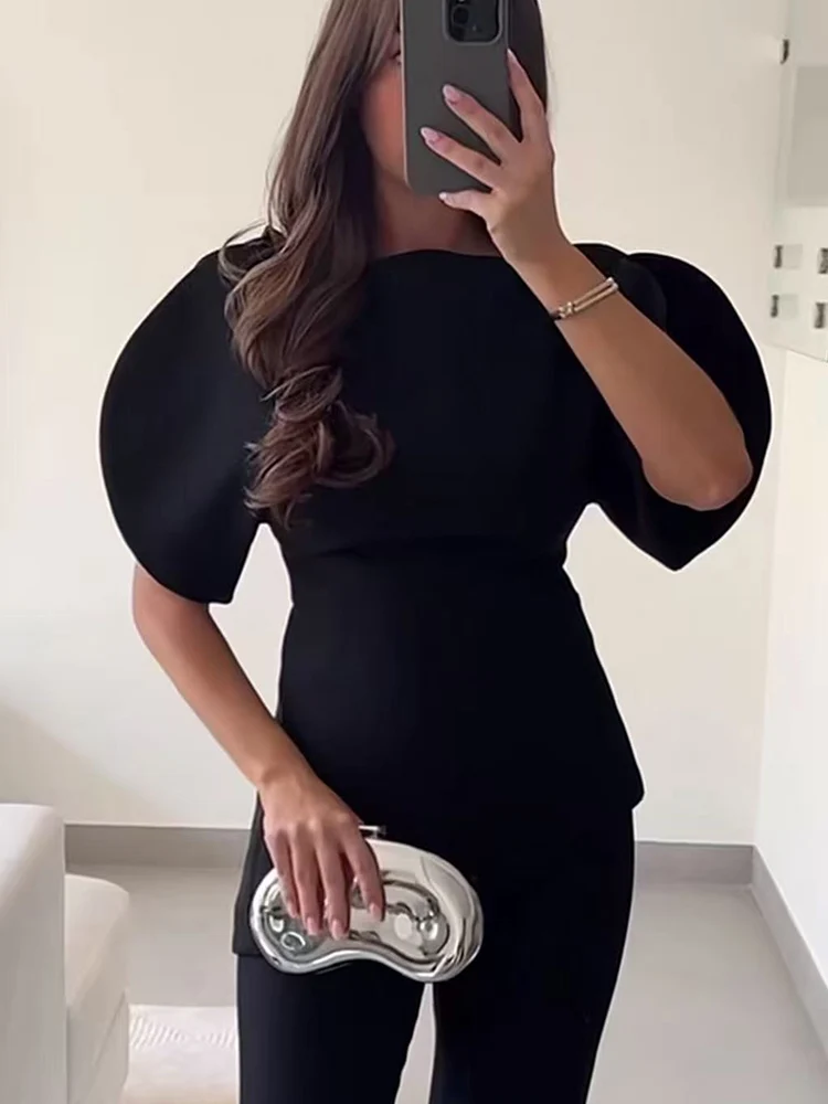 Women's Casual Short Sleeve Top O-neck Asymmetry Solid Shirt Chic Slit Sleeved Female 2026 New Fashion Spring Summer Top