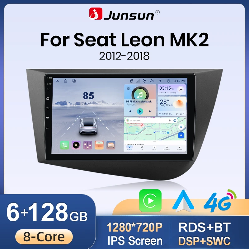 Radio de coche Junsun con CarPlay inalámbrico y Android Auto para Seat Leon 2 MK2 1P 2005-2012, navegador GPS, reproductor multimedia, DSP, WiFi, RDS, Bluetooth, FM, pantalla táctil IPS, autoradio 1