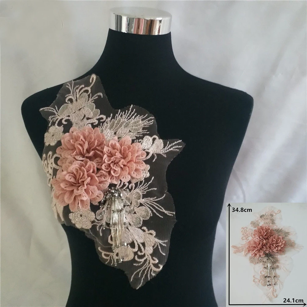 

1 Piece Women's Flowers Imitation Pearl Lace Fake Collar Embroidery DIY 3D Tulle Lace Patch Neckline Appliques Decoration