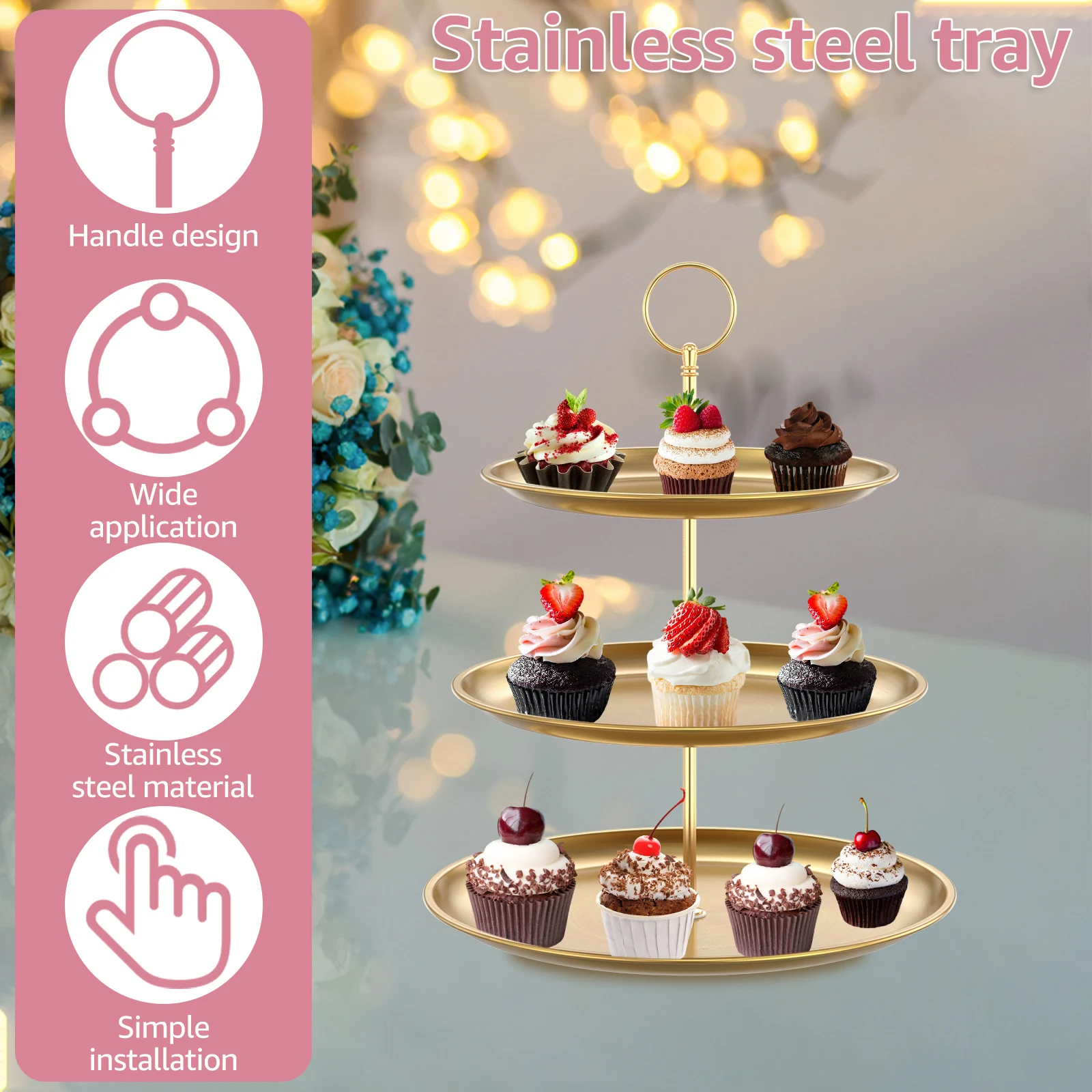 3 Layer Cake Stand Fruit Plate Tray Metal Cupcake Display Tower Decorative Gold Round Cake Display Stand Birthday Party Wedding