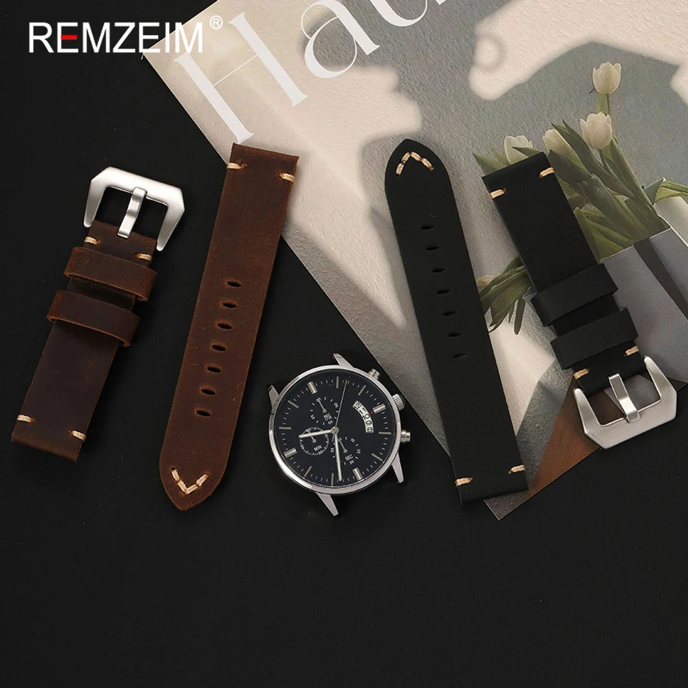 Men's Extra Thick Crazy Horse Leather Watch Strap - Sport Style Durable Replacement Wristband