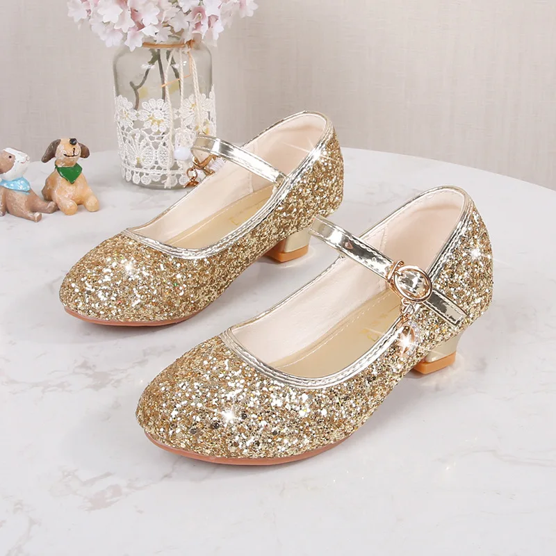 Children's Girls High Heeled Princess Style Cute Simple Flower Shoes Full Sequin Dance Shoes