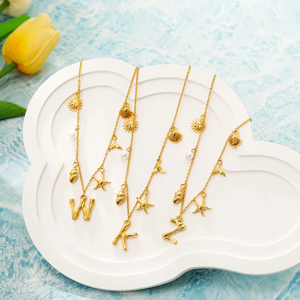 Beach Bohemian Golden Bamboo Shaped Letters Alphabet Neckalce Conch Shell Starfish Pearl Small Pendant Choker Party Jewelry New