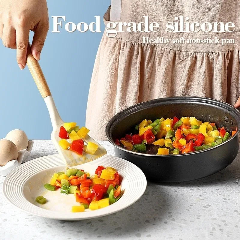 3Pcs Kitchen Silicone Pot Spoon Spatula with Wooden Handle Non-stick Kitchenware Utensils