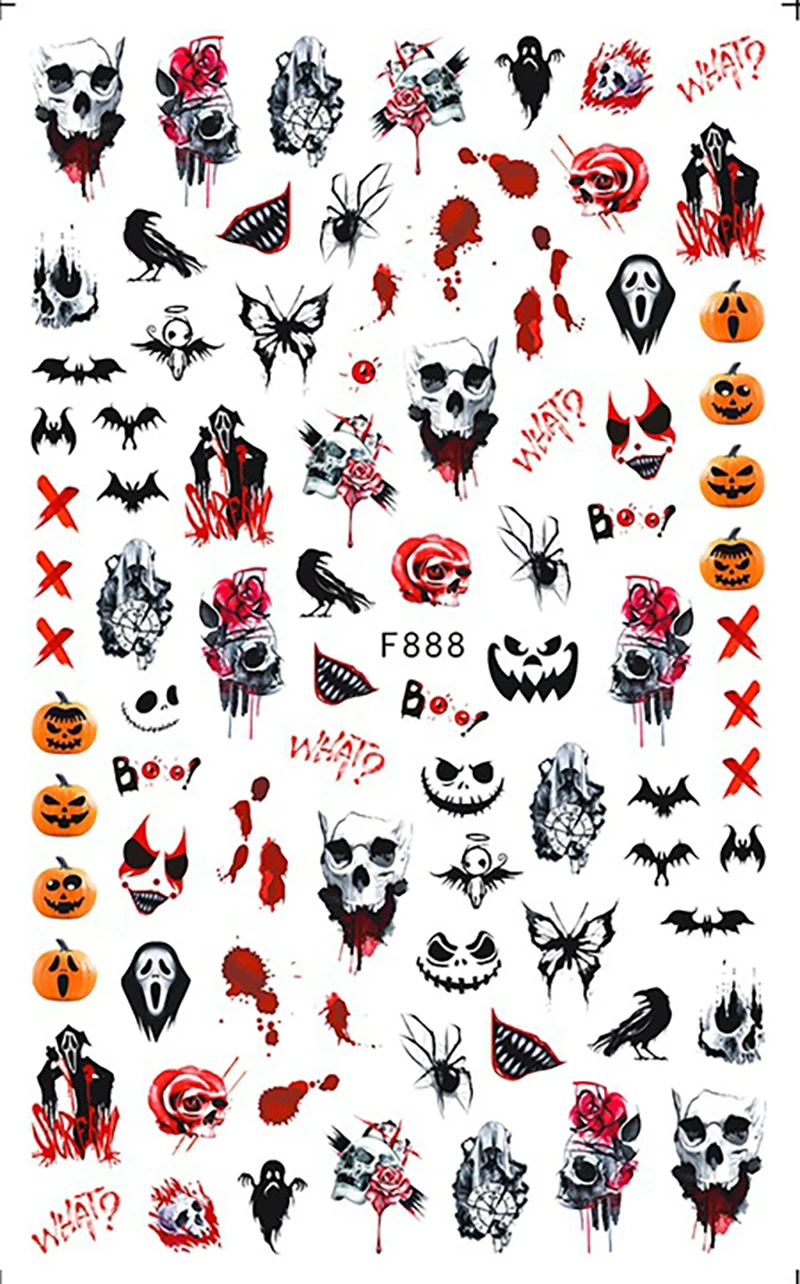 3D Skull Pumpkin Head Bat Nail Stickers Supplies Sliders Halloween Decorations Decals