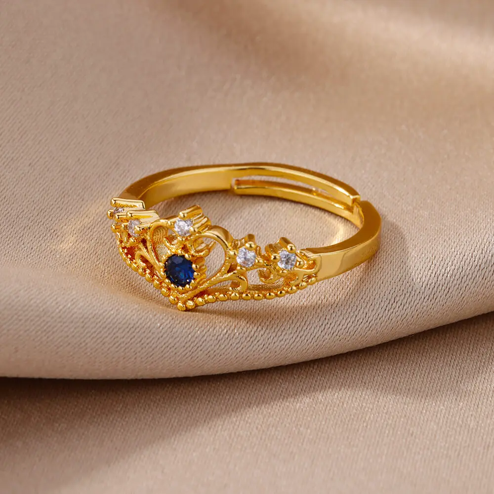 Blue Zircon Crown Rings For Women Stainless Steel Adjustable Ring