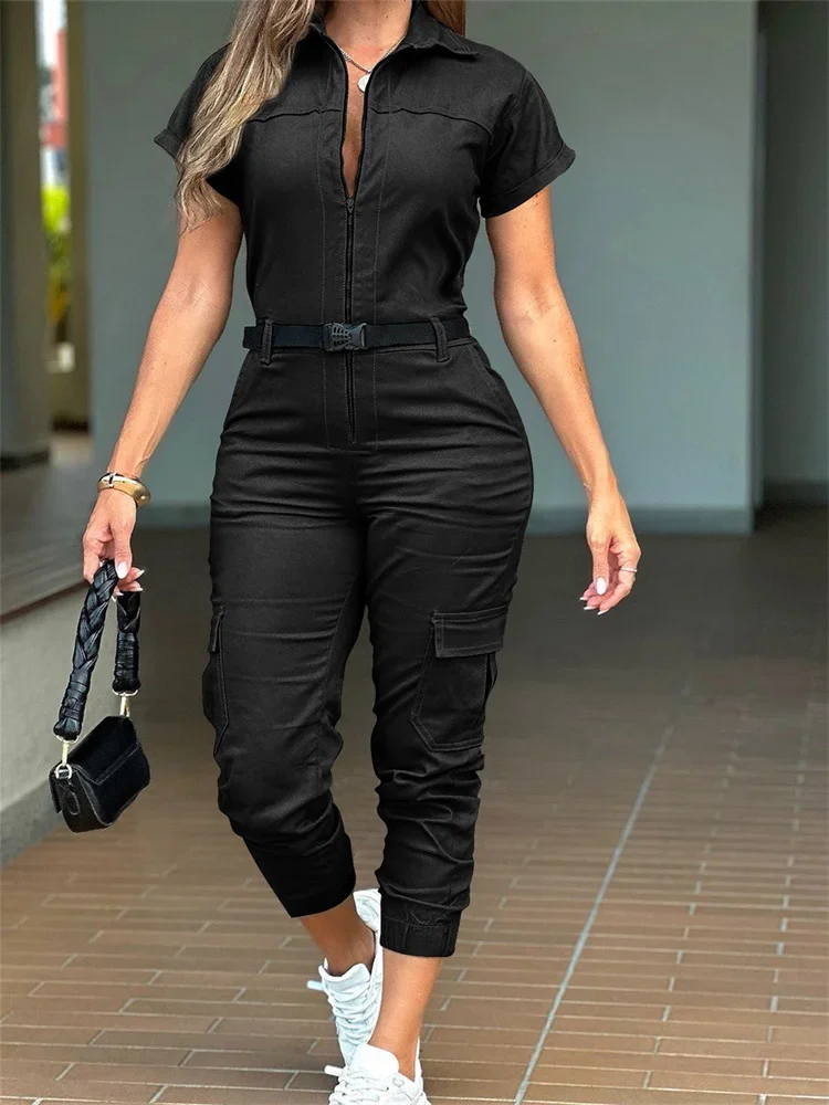 Wmstar Women Jumpsuit New Zipper Workwear Jumpsuit with Short Sleeved Collar Multiple Pockets Waist Belt Wholesale Dropshipping