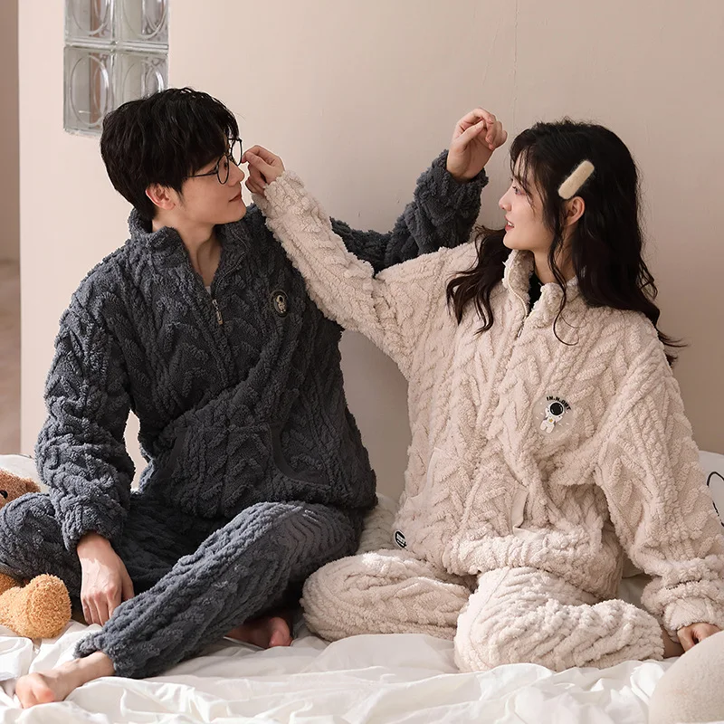 2023 New Zipper Flannel Sleepwear for Couples Winter Warm Thicken Pijamas Set Men Home Clothes Women Coral Fleece Loungewear