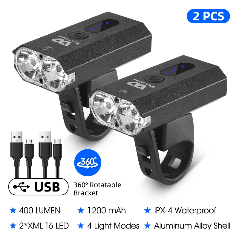 

WEST BIKING 1200mAh Bike Light Headlight Bicycle Flashlight USB Charging Front Lamp Aluminum Alloy Bike Taillight Accessories
