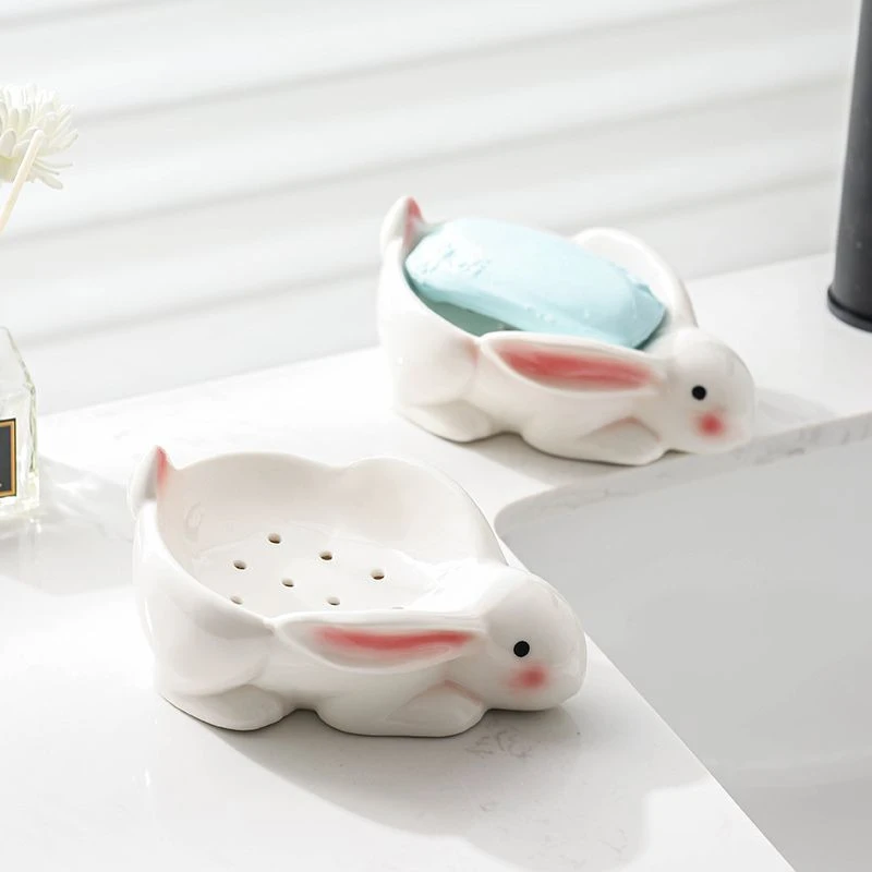Ceramic Draining Soap Box Light luxury Cartoon Cute Rabbit Shaped Soap Dishes, Home Bathroom Kitchen Supplies, Storage Rack, 1Pc