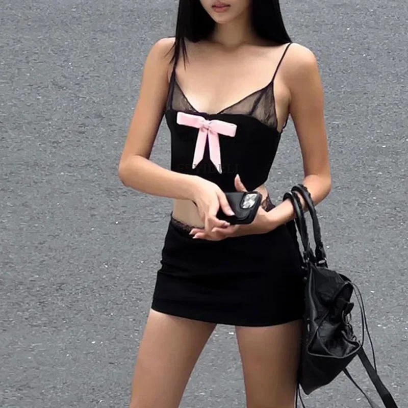 Retro Summer Spicy Girl Sexy Sling Top with Lace Lace Edge Wrap Hip High Waist Skirt Black Y2K Party Club Two Piece Set YDL51