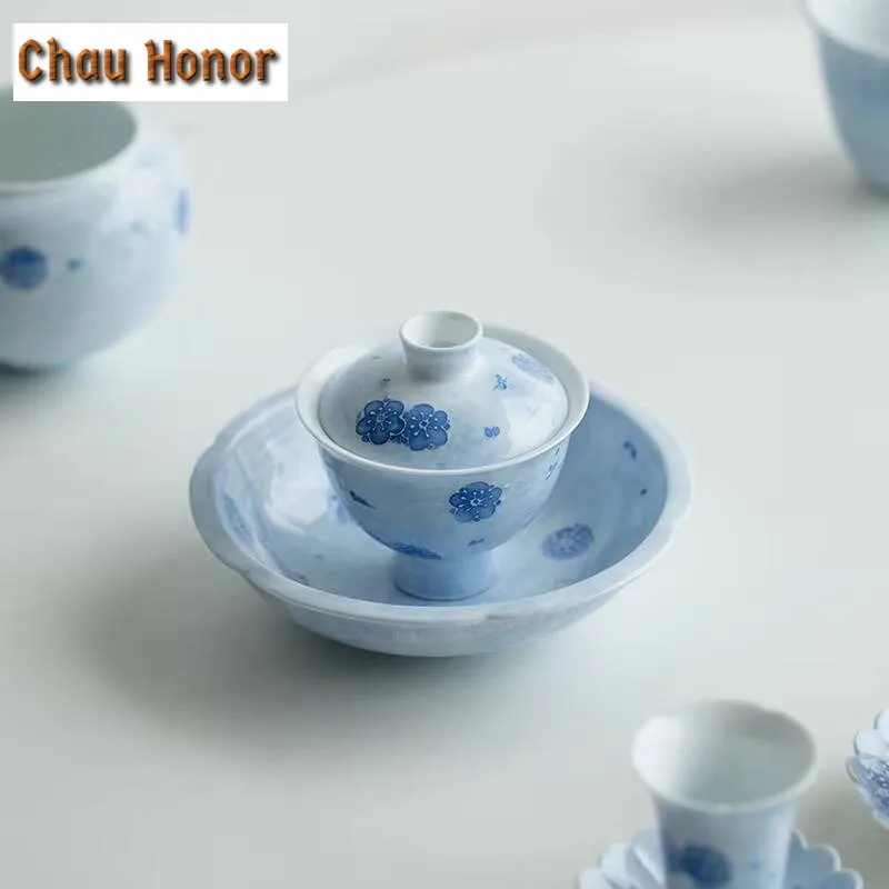 Pure Hand-painted Fog Blue Cherry Blossom Ceramic Pot Bearing Table Holder Household Tea Tray Kung Fu Tea Set Fruit Snack Plate