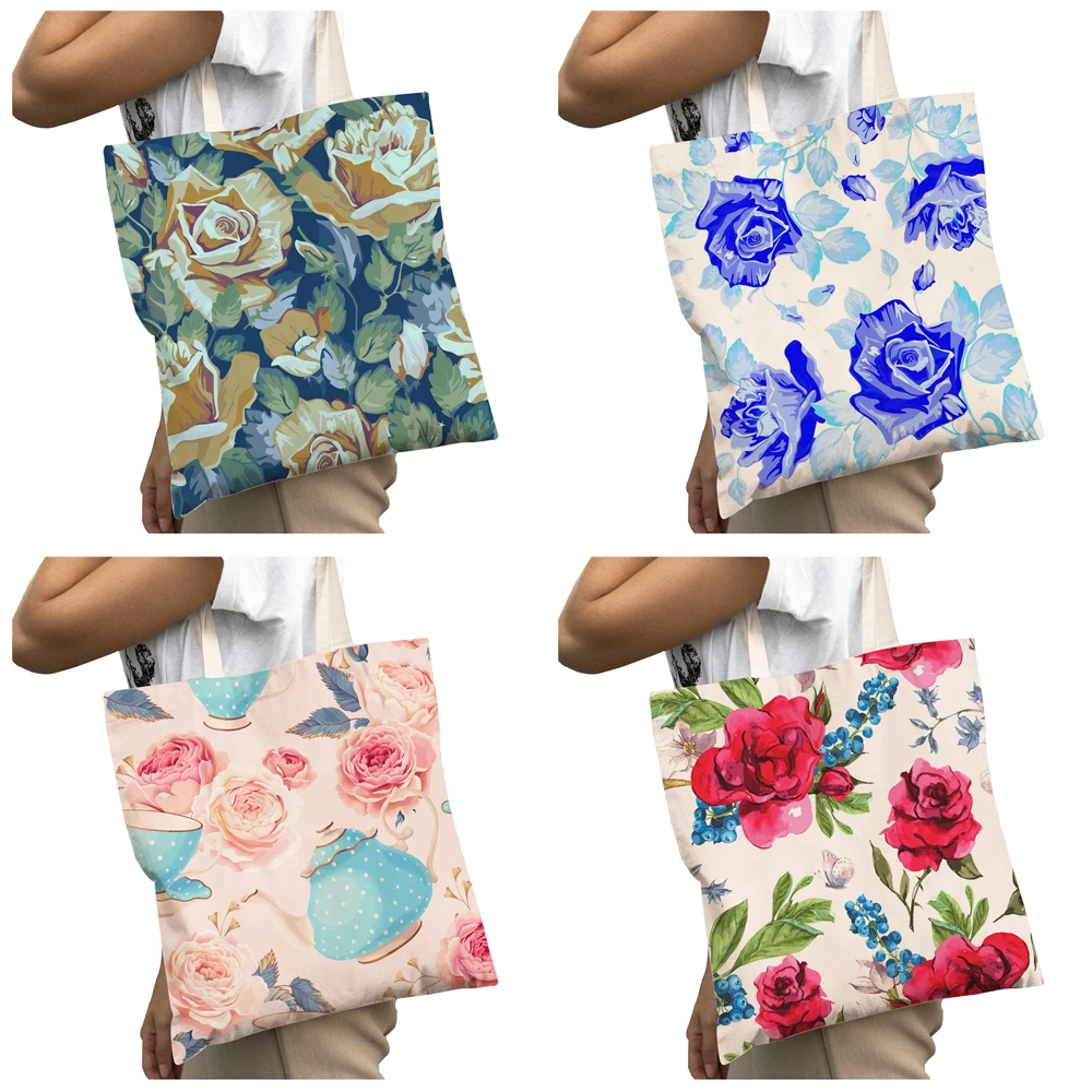 Fashion Plant Flower Print Casual Canvas Women Shopper Bag Nordic Cartoon Floral Bird Big Capacity Shopping Bags Tote Handbag