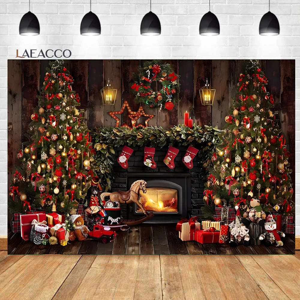 

Laeacco Christmas Fireplace Rustic Wood Backdrop Interior Xmas Tree Sock Party Decor Newborn Kid Portrait Photography Background