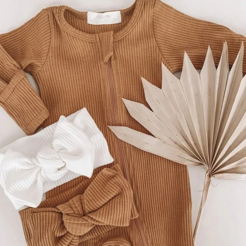 Newborn Clothes Boys Girls Pit Stripe O-neck Long Sleeve Zipper Footies Rompers+Headband Baby Soft Elasticity Jumpsuit H20604
