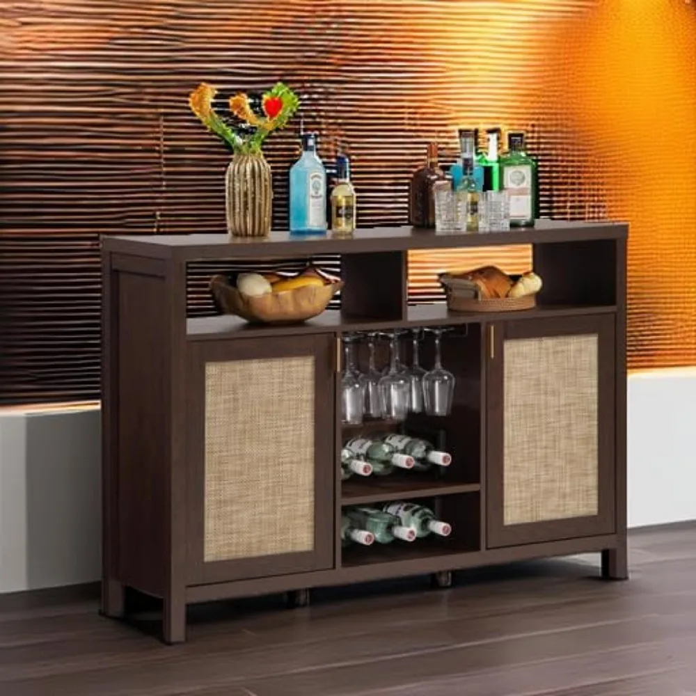 Rattan Coffee Bar Cabinet, 51" Sideboard Buffet Cabinet with Storage, Farmhouse Liquor Cabinet with Wine Racks Credenza Console