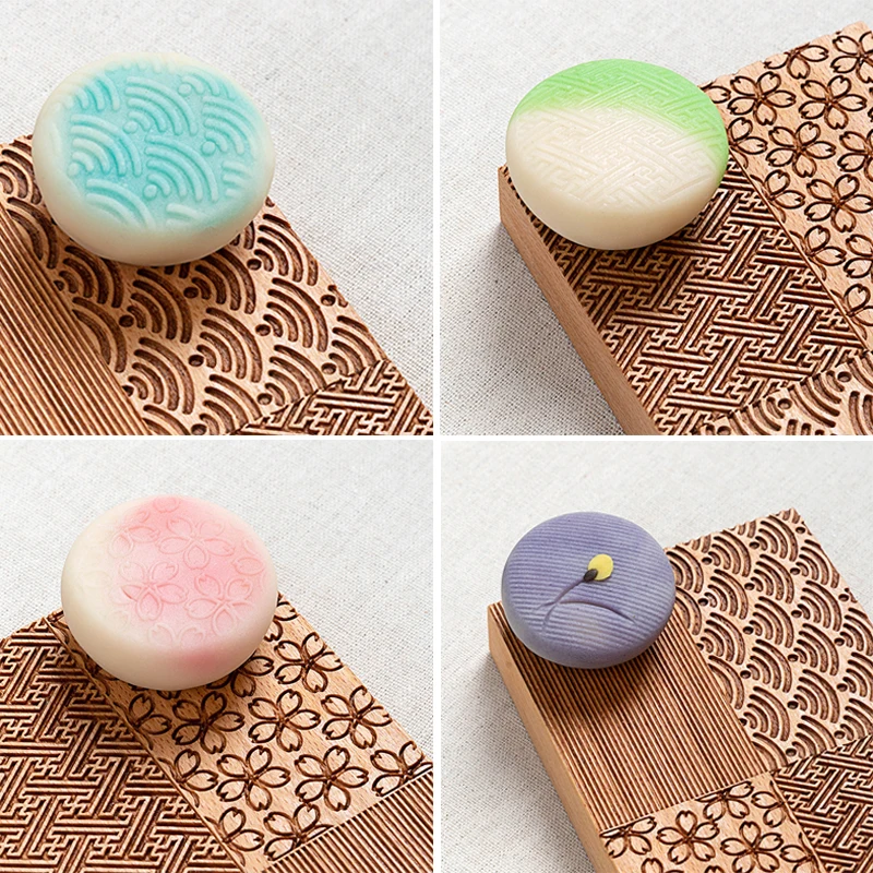 Japanese Wagashi wooden Mould Four Patterns Ribs Plate Wave Leaf