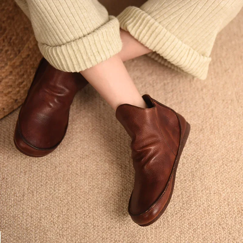 

Artmu Genuine Leather Chelsea Boots For Women Pleated Flats High Top Shoes Slip On Ankle Boots Ladies Sewn Short Boots Original