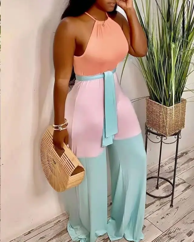 2022 Spring and Summer New Women's Contrast Color Tight Halter Neck Strap  Jumpsuit - купить по выгодной цене | AliExpress