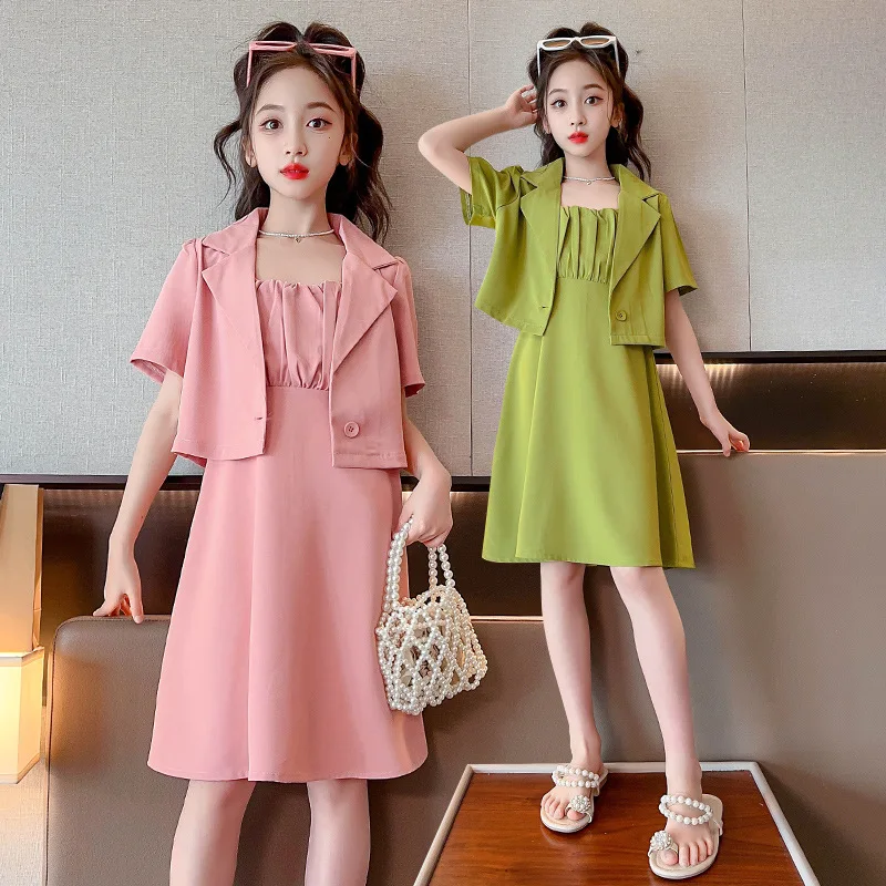 

Child Chiffon Suit for Girls Casual Blazer Jacket Dresses Two Pieces Fashion Solid Color Teens School Kids Clothes Sets 6-14 Y