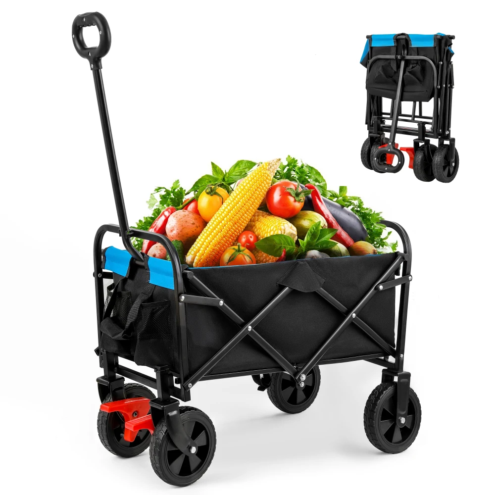 Mini Folding Wagon Garden Shopping Beach Cart Big Wheels Adjustable Handle Drink Holders Shopping Camping Garden Outdoor