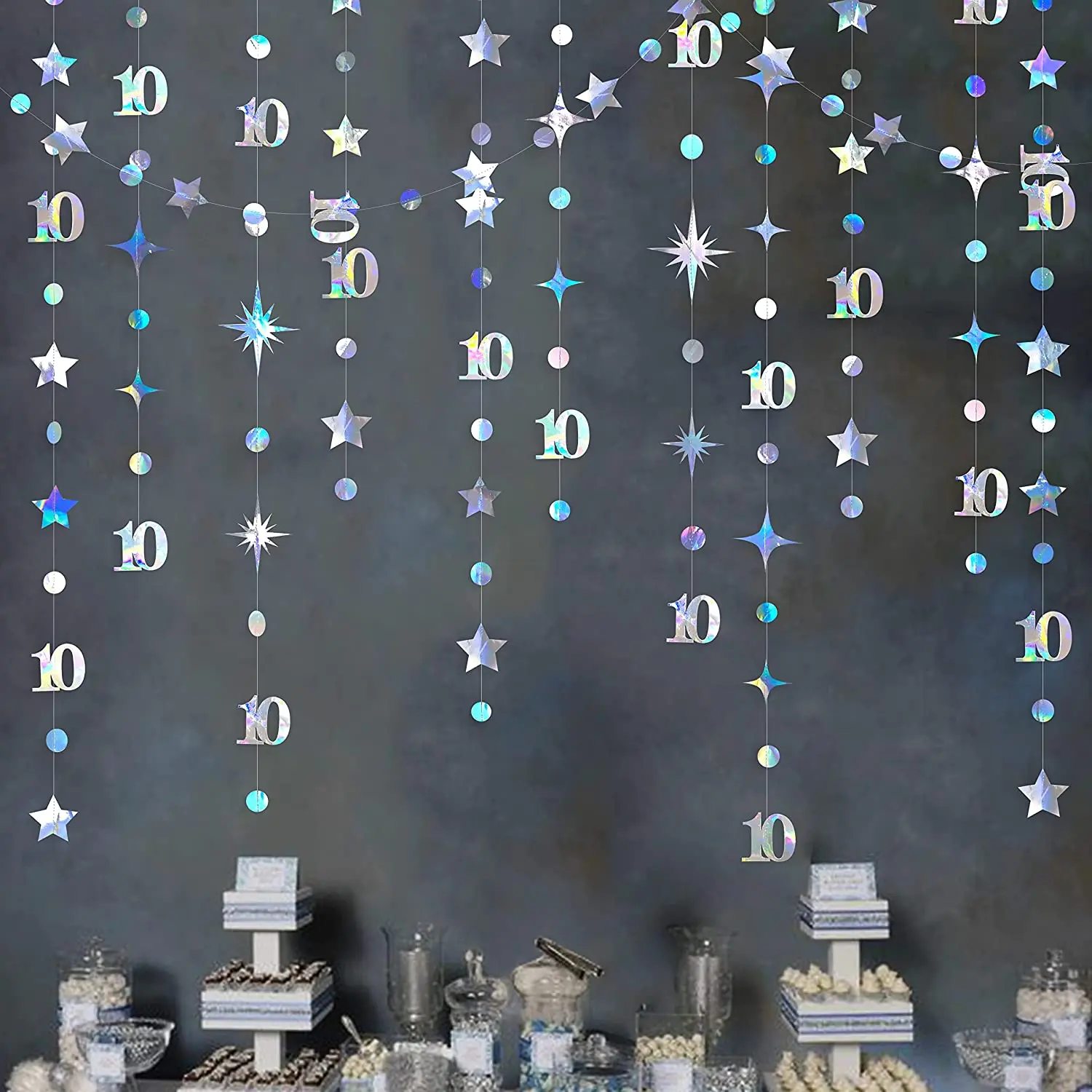 

13Ft Iridescent 10th 13th Happy Birthday Decorations Number 10 Circle Dot Twinkle Star Garland Hanging Streamer 10th anniversary