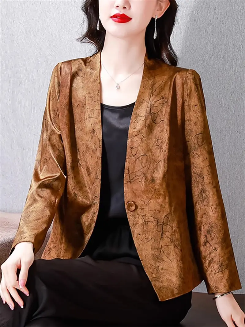 

New Fashion Jacquard Short Coat Female Mother's Fashionable Acetic Acid Long Sleeve Suit Top V-Neck One Button Slim Blazer Z3936