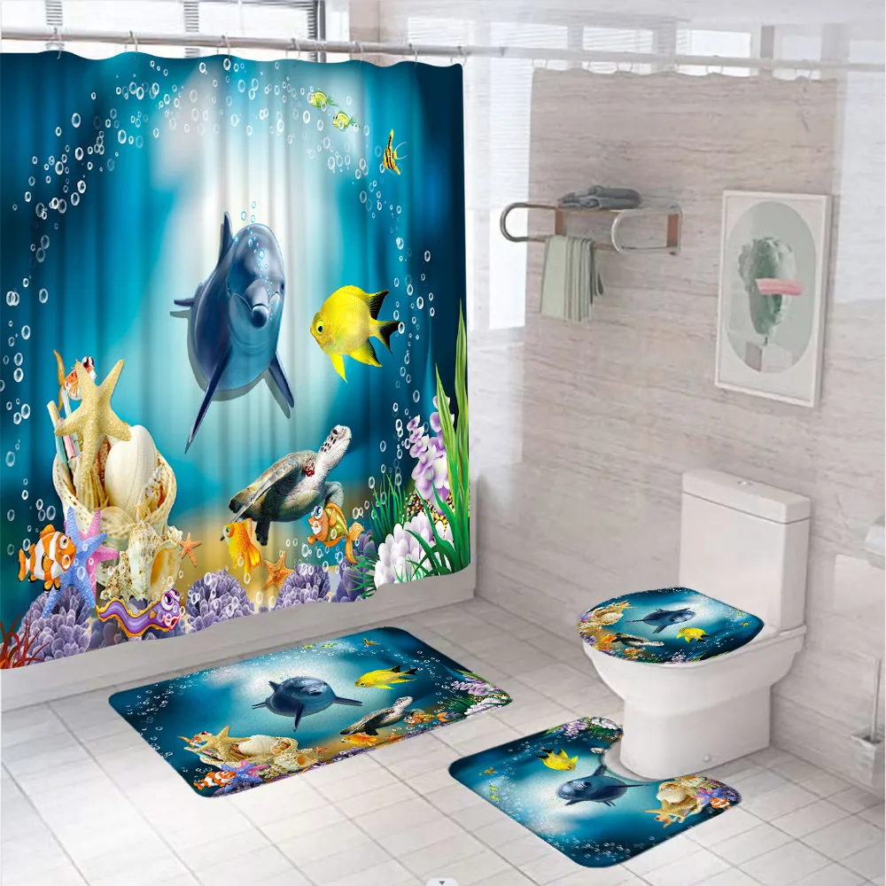 

Underwater Dolphin Shower Curtain Set Bathroom Decor Screen Tropical Fish Turtle Starfish Non-Slip Rug Bath Mat Toilet Lid Cover