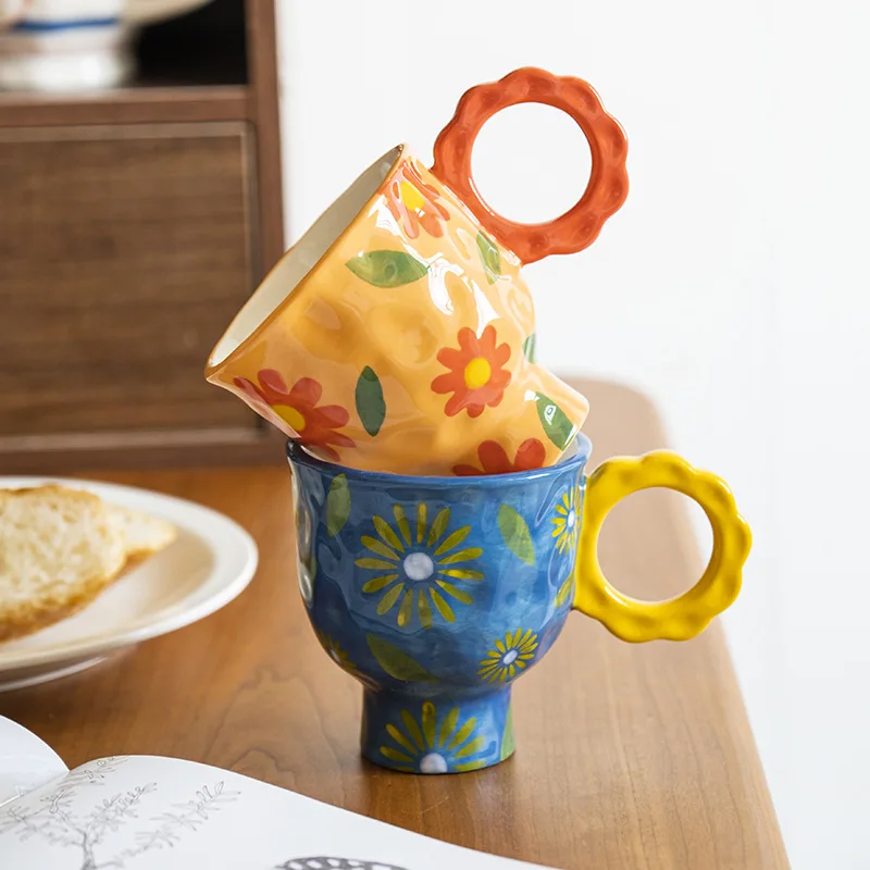 

Ceramic Coffee Mug Handmade Drinkware Tea Cup Flora Pattern Kitchen Creative Gift