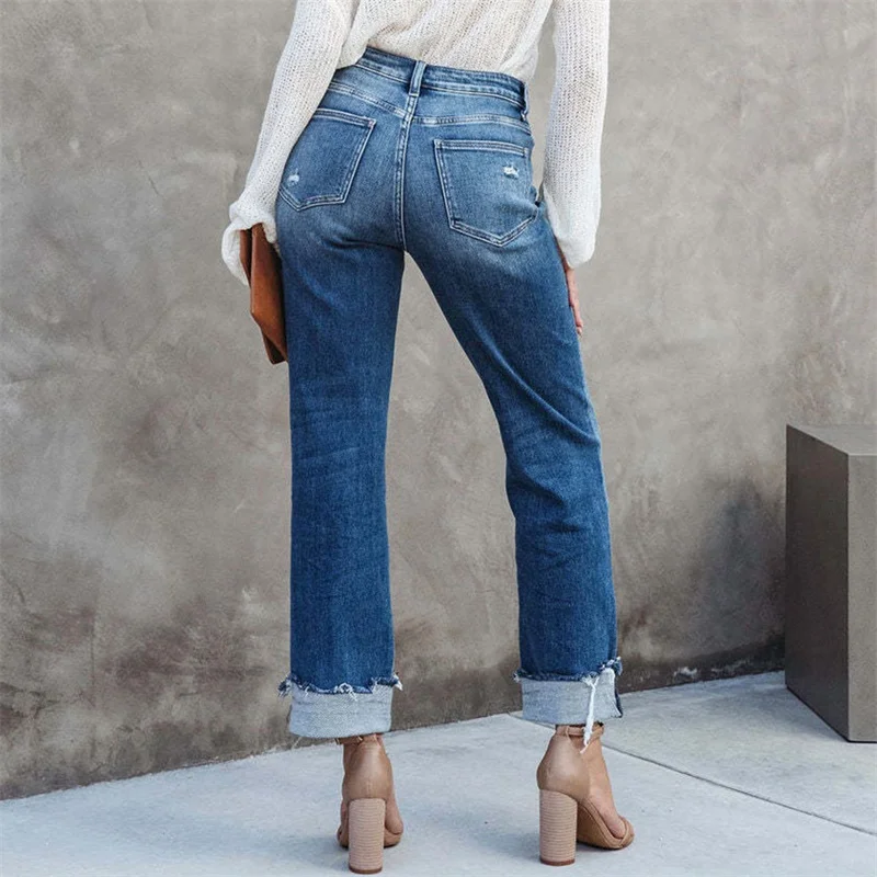 High Waist Button Splicing Straight Jeans Women Fashion Urban Casual Commuter Denim Pants Ladies Broken Holes Trousers Washable