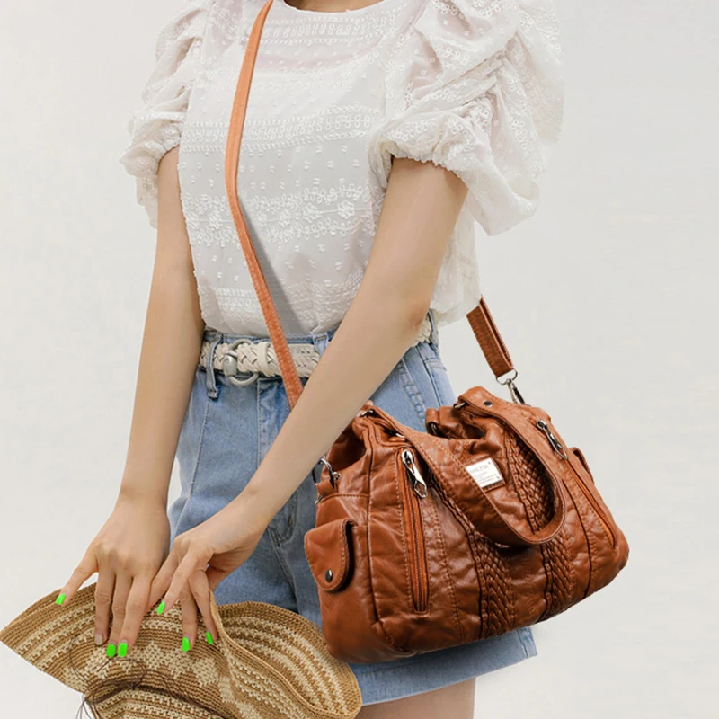 Women's retro crossbody bag, large capacity convertible shoulder bag and handbag, synthetic leather with zipper, suitable for da