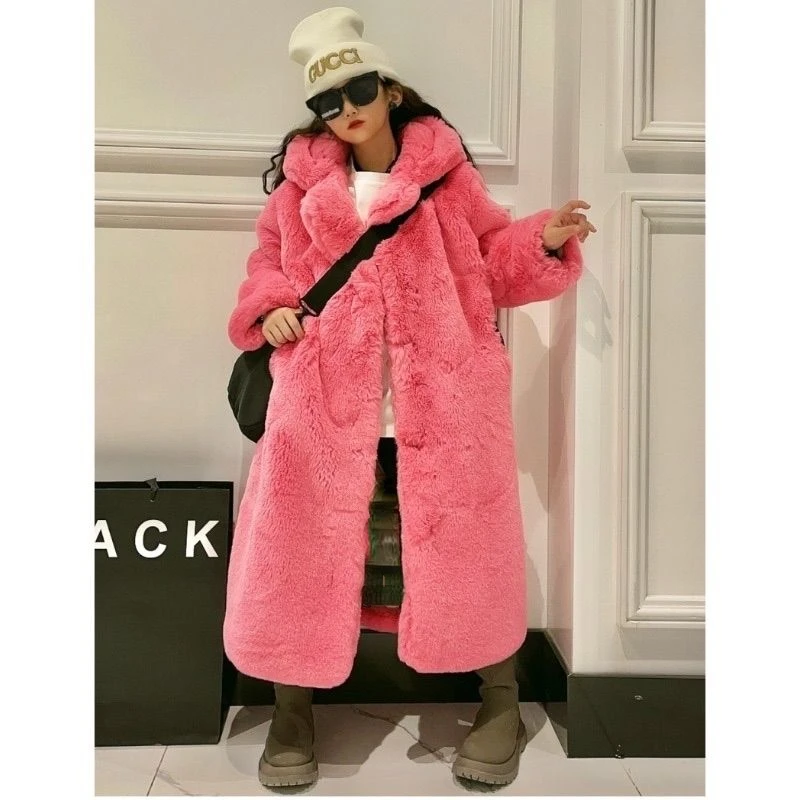 Girls Faux Fur Long Coat Winter Thick For Teen Kids Warm Plush