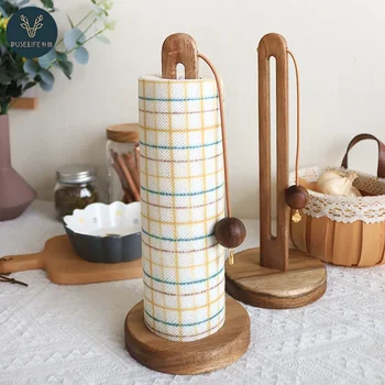 Solid Wood Paper Towel Holder Kitchen Punch-Roll Paper Storage Rack Lazy Rag Plastic Wrap Bag Storage Rack Kitchen Accessories