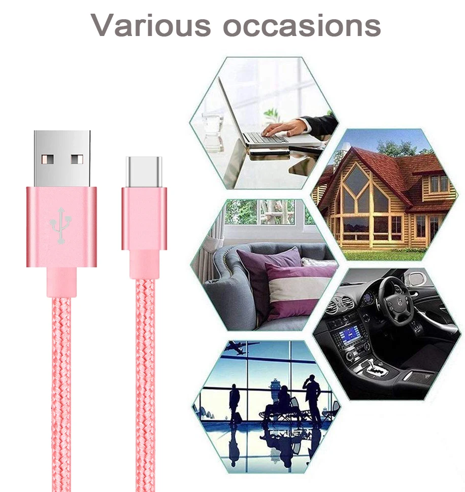 Nylon Braided USB Type C Fast Charging Cable - 1M/2M/3M Lengths, 2.4A Data Sync Charger