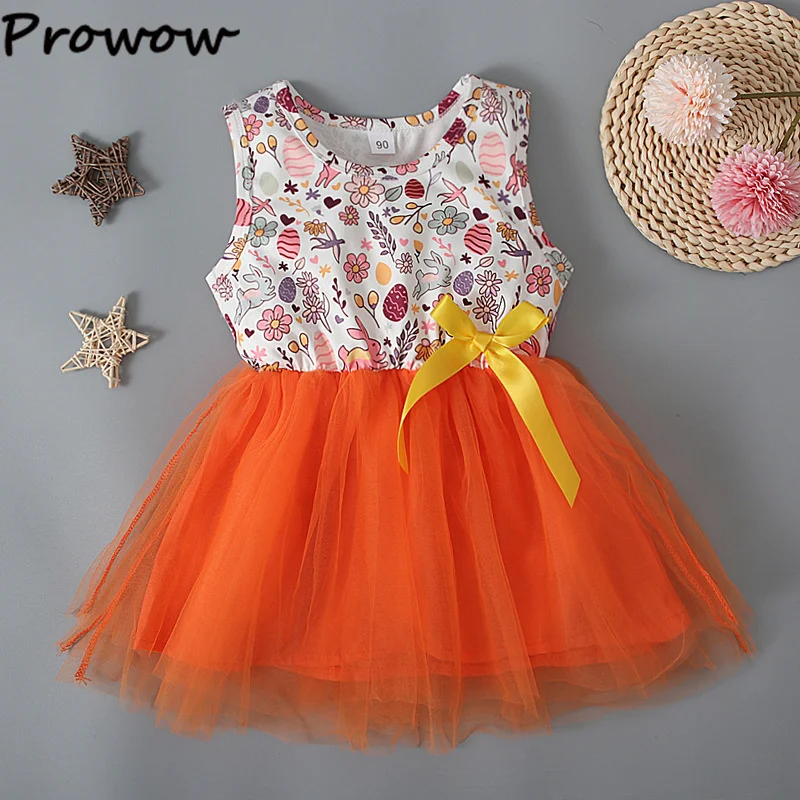 Prowow 2-6Y Easter Dresses For Girls Belted Rabbit Dress Festival Holiday Kids Easter Clothes Summer Toddler Girl Dresses baby girl doll skirt