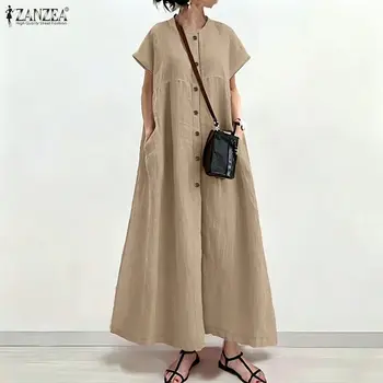 ZANZEA Fashion Summer O Neck Short Sleeve Dresses 2026 Women Casual Loose Sundress Solid Robe Elegant OL Work Dress Vestidos 1