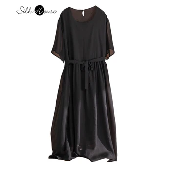 Plus Size Women's Clothing 100% Natural Mulberry Silk Double-layer Georgette Versatile Round Neck Short Sleeved Casual Dress