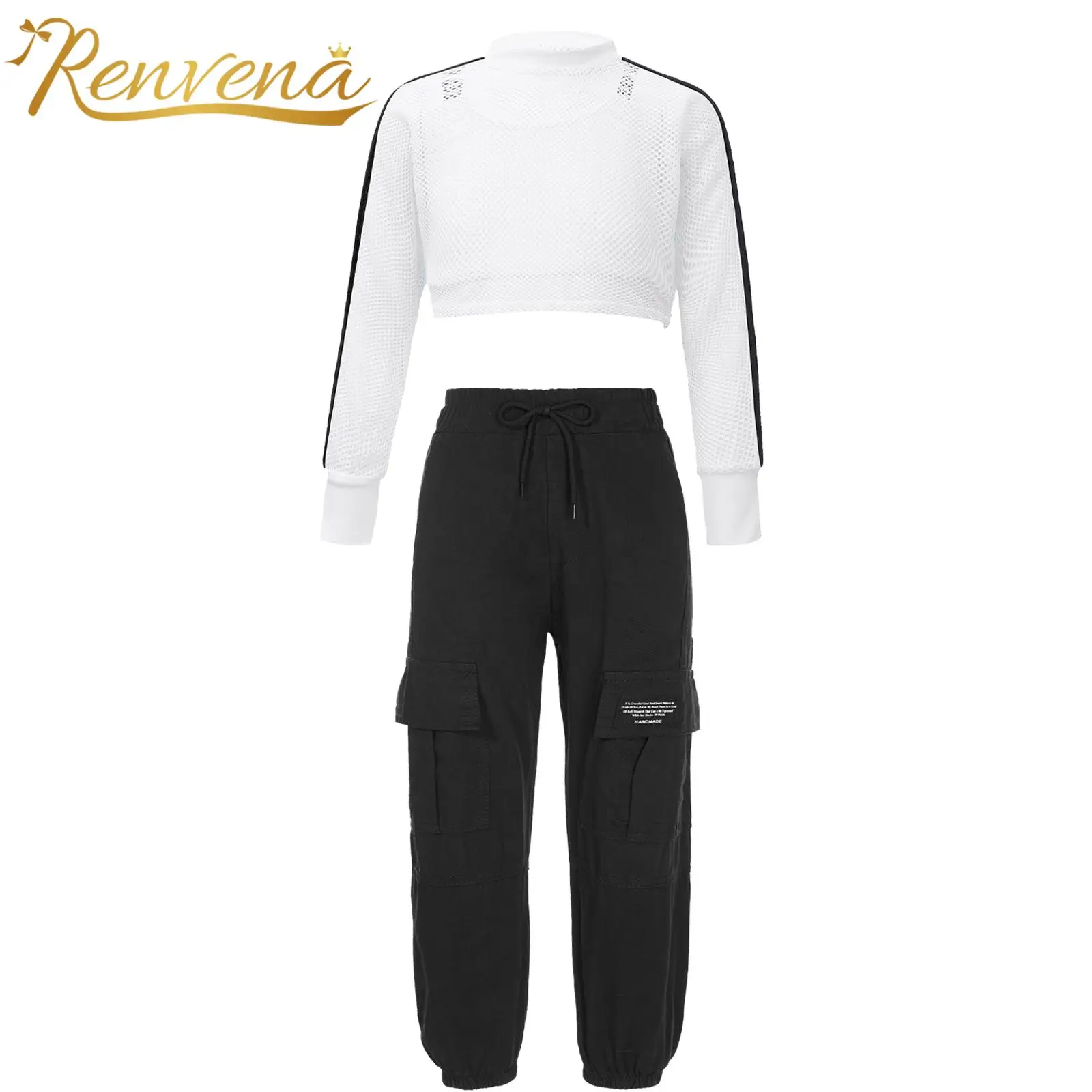 

Kids Girls 3Pcs Hip-Hop Clothes Sets Fashion Girl's Jazz Dance Outfit Long Sleeve Crop Top Cargo Pants Children's Sports Suits