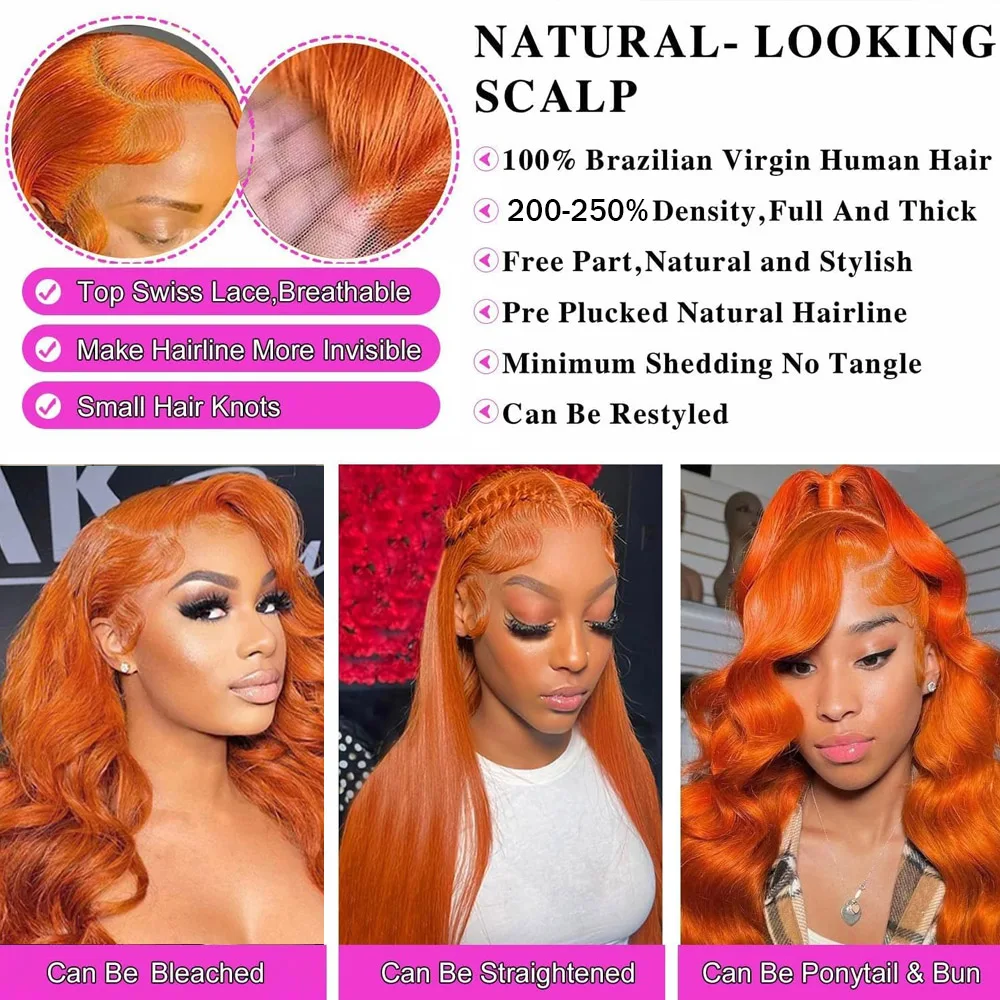 30 Inch Ginger Lace Front Wigs Human Hair Body Wave 13x4 Lace Front Wigs Human Hair Pre Plucked Ginger 250% Density for Women