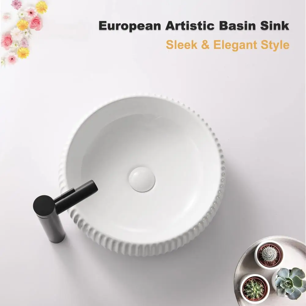 Modern White Ceramic Bathroom Vessel Sink 16.5'' Above Counter Porcelain Washing Bowl Art Basin Vanity Sinks with Pop-up Drain 4