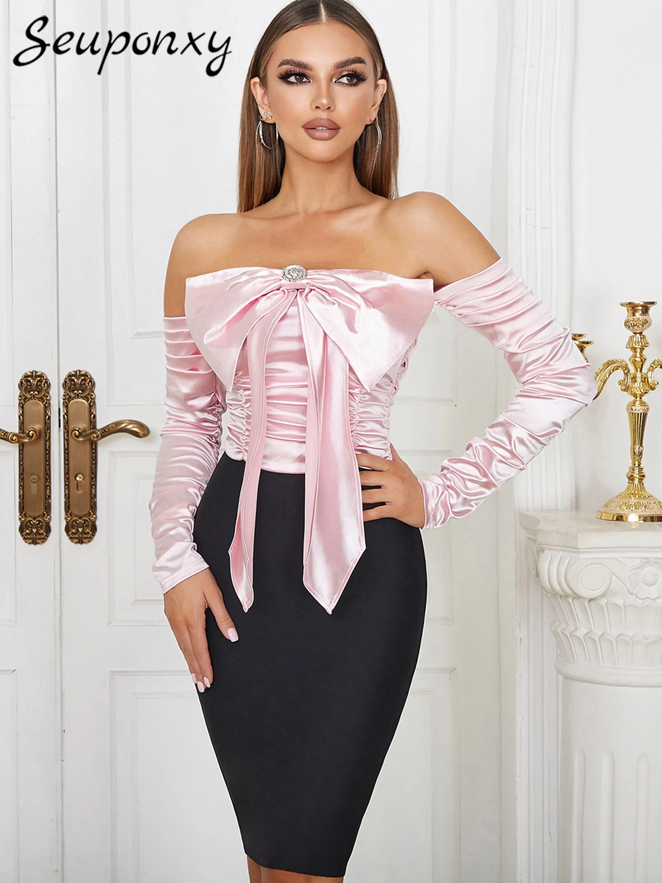 

High Quality Sexy Off-Shoulder Long-Sleeved Pleated Bow Fashion Women'S Dress Bandage 2023 Elegant Celebrity Party Club Dress