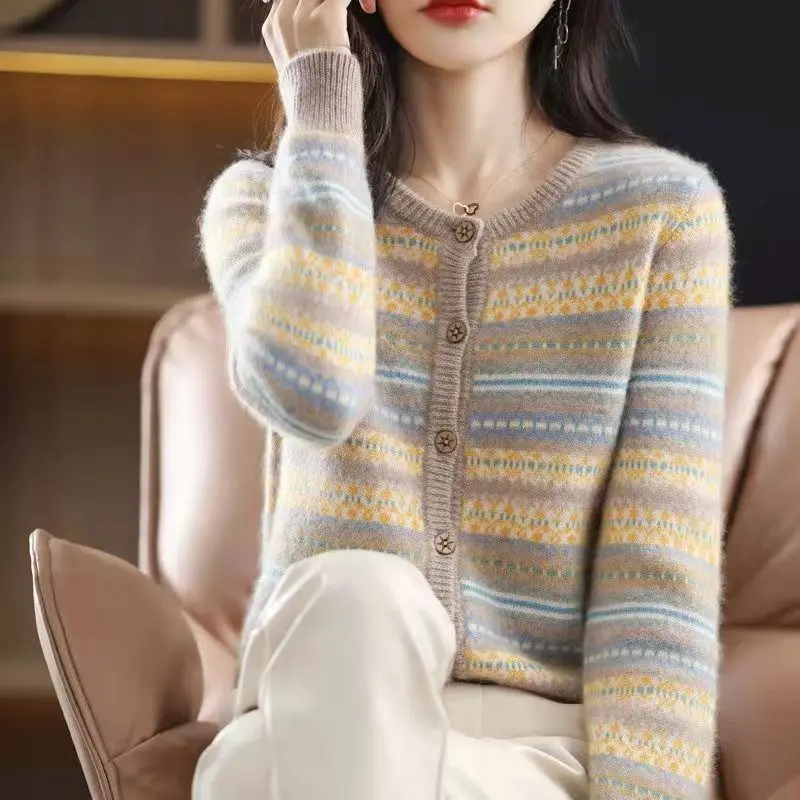 

Autumn and winter color-blocking striped o neck cardigan outside with sweater women knitted jacket Western style knitted sweater