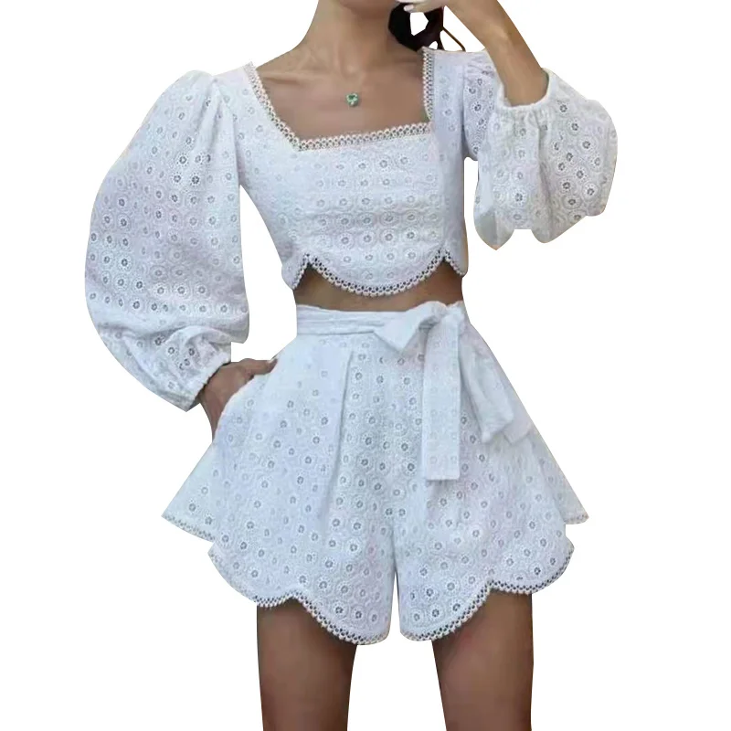 VGH White Casual Shorts Sets Female Square Collar Puff Long Sleeve Short Top High Waist Lace Up Short Loose Women's Suits Summer skirt and top co ord