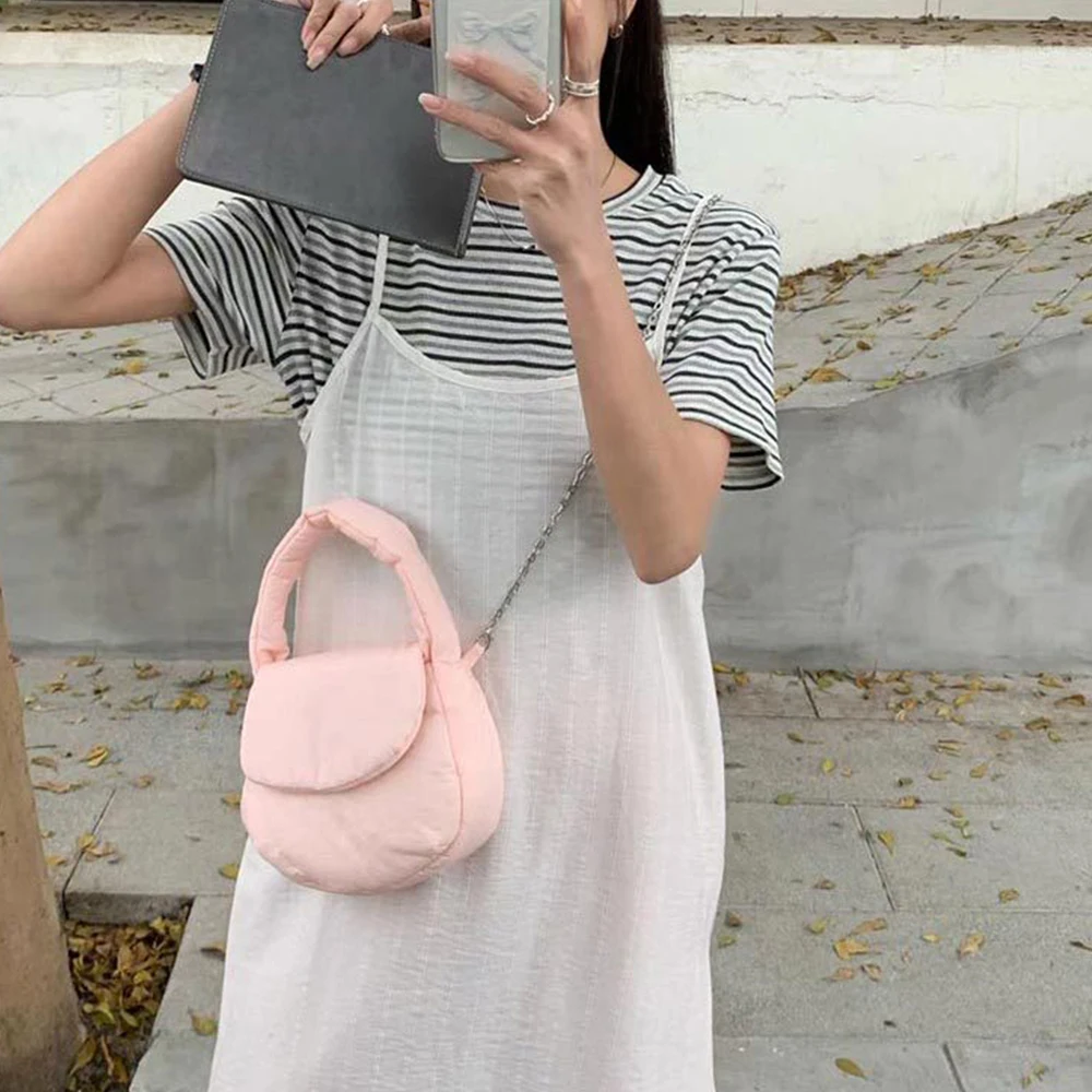 Candy Color Quilted Women Handbags Cover Designer Bags for Women Cotton Padded Shoulder Crossbody Bag Half Moon Saddle Bag Chic