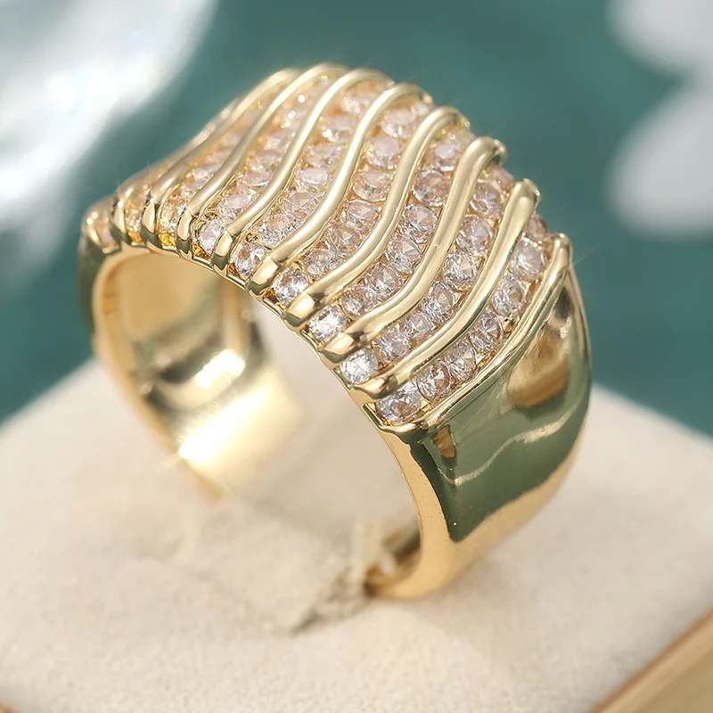 Golden Wide Band Chunky Statement Ring with Synthetic Cubic Zirconia