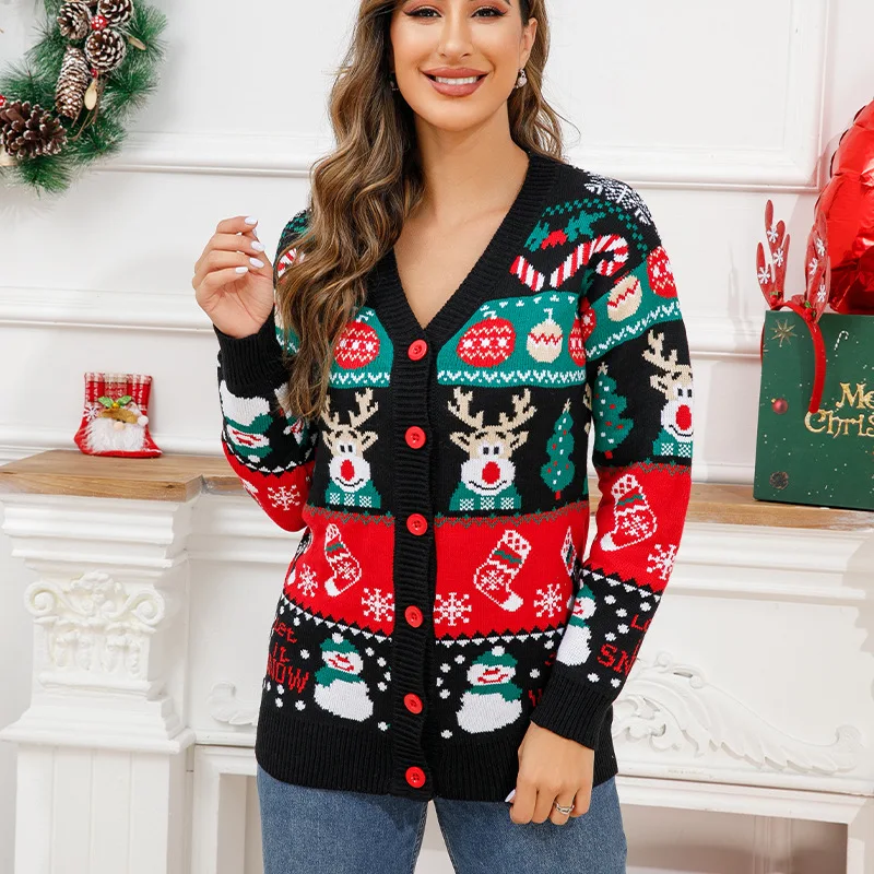 

V-neck jacquard Christmas sweater winter long sleeved loose single breasted knitted cardigan for women