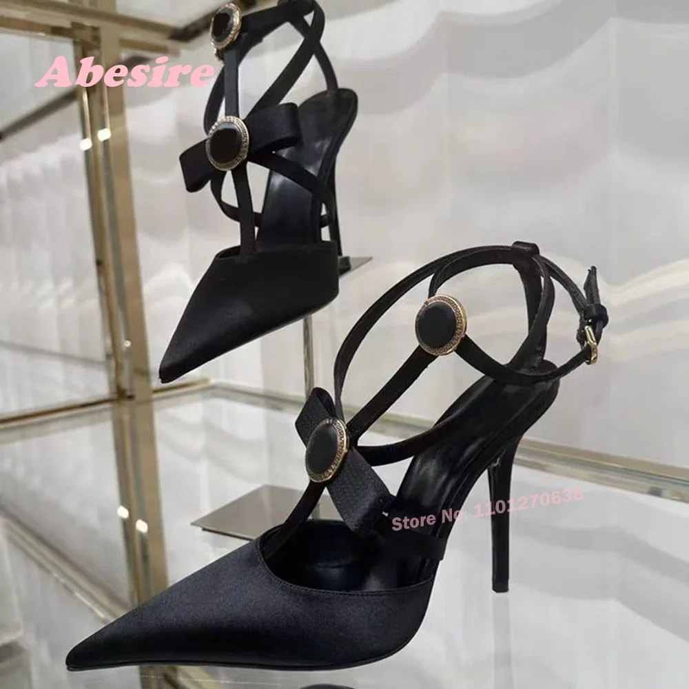 

Pointy Toe Metal Knot Sandals Stiletto Heeled Slingback Women's Sandals T-Strap Black Solid Satin Party Runway Shoes Luxury Sexy