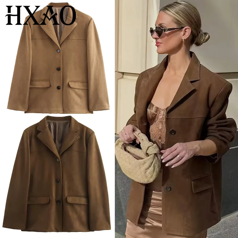 RICOCHO Damesjas van Faux Suede, met reverskraag, Blazer, voor Herfst en Winter, Lange Mouwen, Modieuze Lederen Pakjas, 2, L