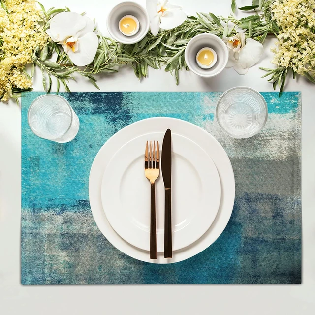 Blue Linen Placemats Abstract Modern Teal Placemat Set of 4