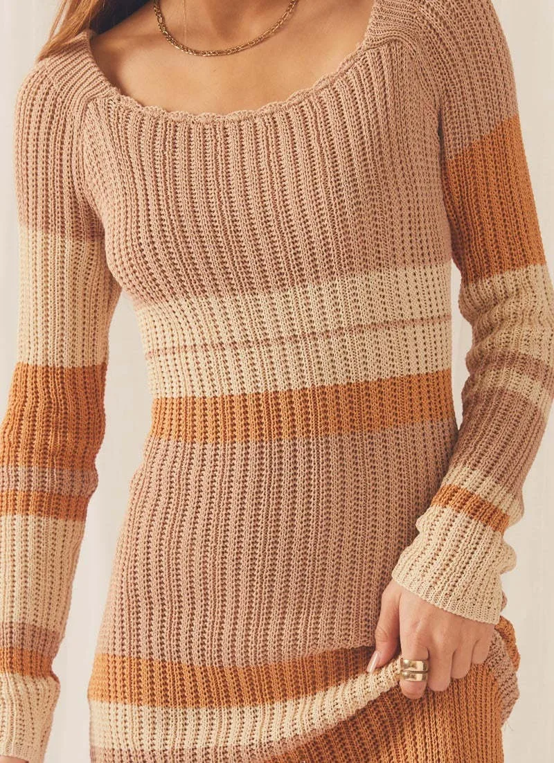 Hollow Out Knitwear Striped Maxi Dress For Women Contrast High Waist Long Sleeve Elegant Holiday Autumn Long Dress Female
